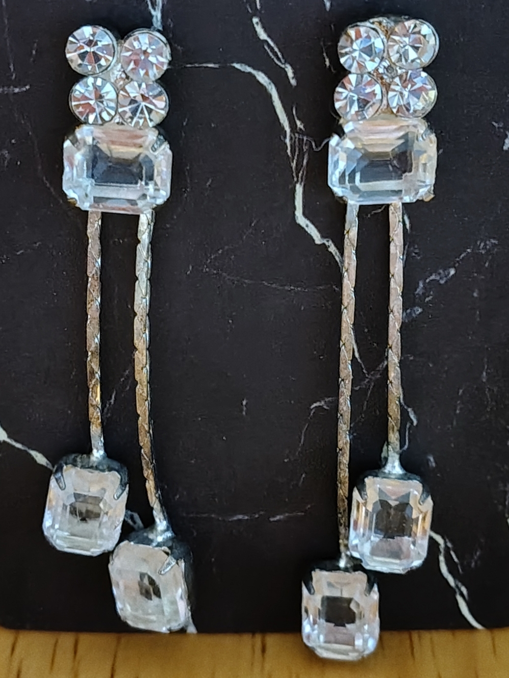 Vintage Y2K Icy Rhinestone Waterfall Earrings - Silver Tone Snake Chain Drops